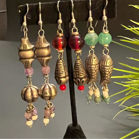 NEW 3 of Vintage Afghan Handmade Gemstones Dangle/Drop Earrings - Picture 3 of 6